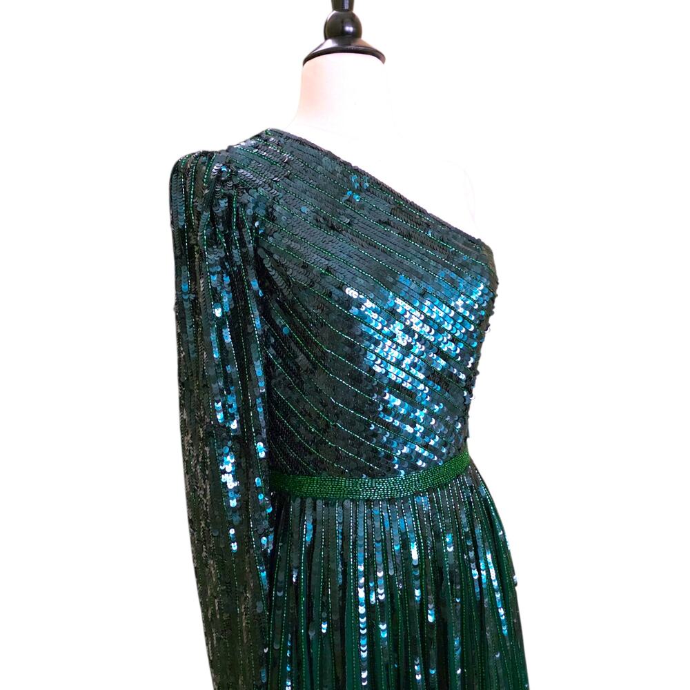 Mac Duggal 5508 Emerald Green Sequin One Shoulder Prom Evening Gown 4 Dress - Picture 5 of 13